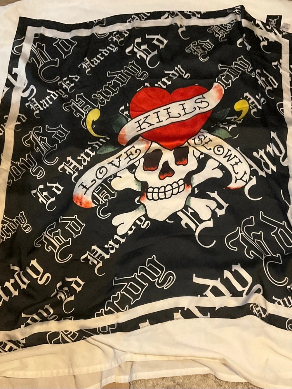 Ed Hardy Love Kills Slowly Skull Satin Scarf Black & White